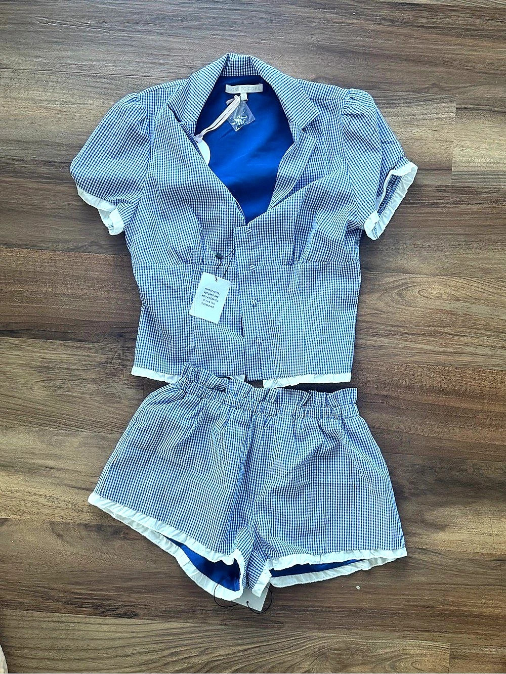 MORE TO COME Kyla Short Set Blue & White Gingham Crop Top & Shorts Set Small